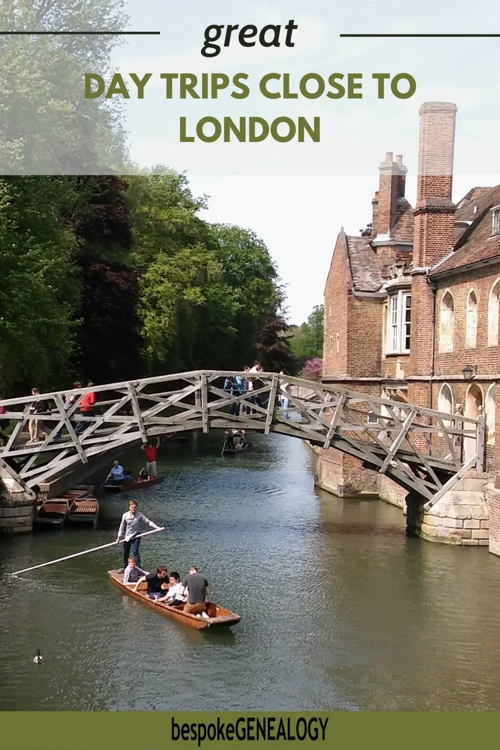 Great day trips close to London. Photo of a group of people on a punt on the River Cam in Cambridge.