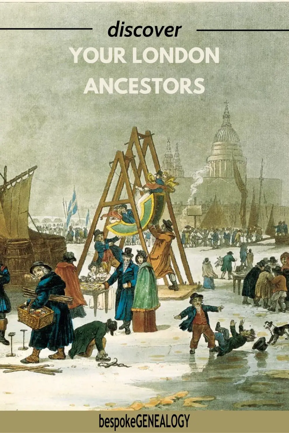 Discover your London ancestors. Part of an 1814 painting depicting the Frost Fair on the River Thames, London.