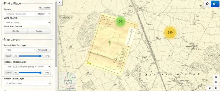 Screenshot of The Genealogist Tithe Map on historical Ordnance Survey map