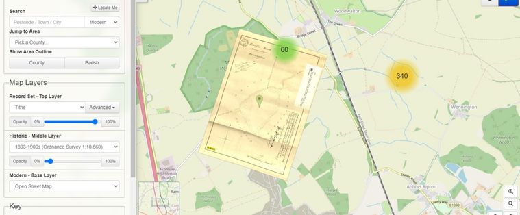 Screenshot of The Genealogist map viewer and modern map