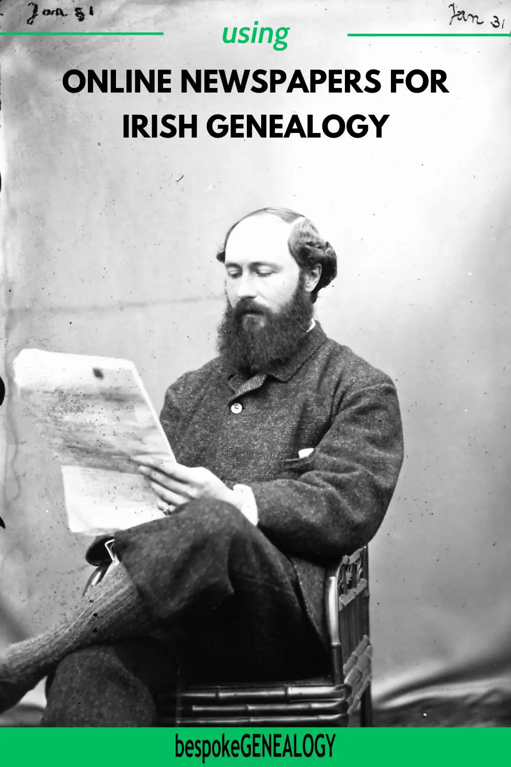 Using online newspapers for Irish genealogy. Photo from 1866 of a Mr Ambrose Congreve reading a newspaper in County Galway, Ireland.