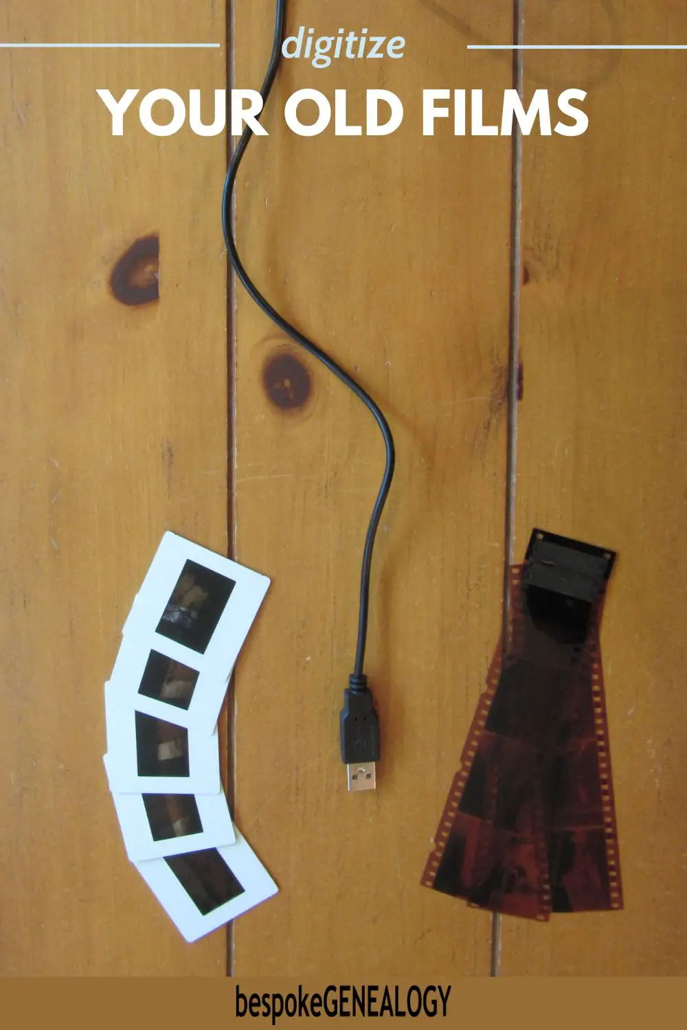 Digitize your old films. Photo of film slides and negatives with a USB cable in between
