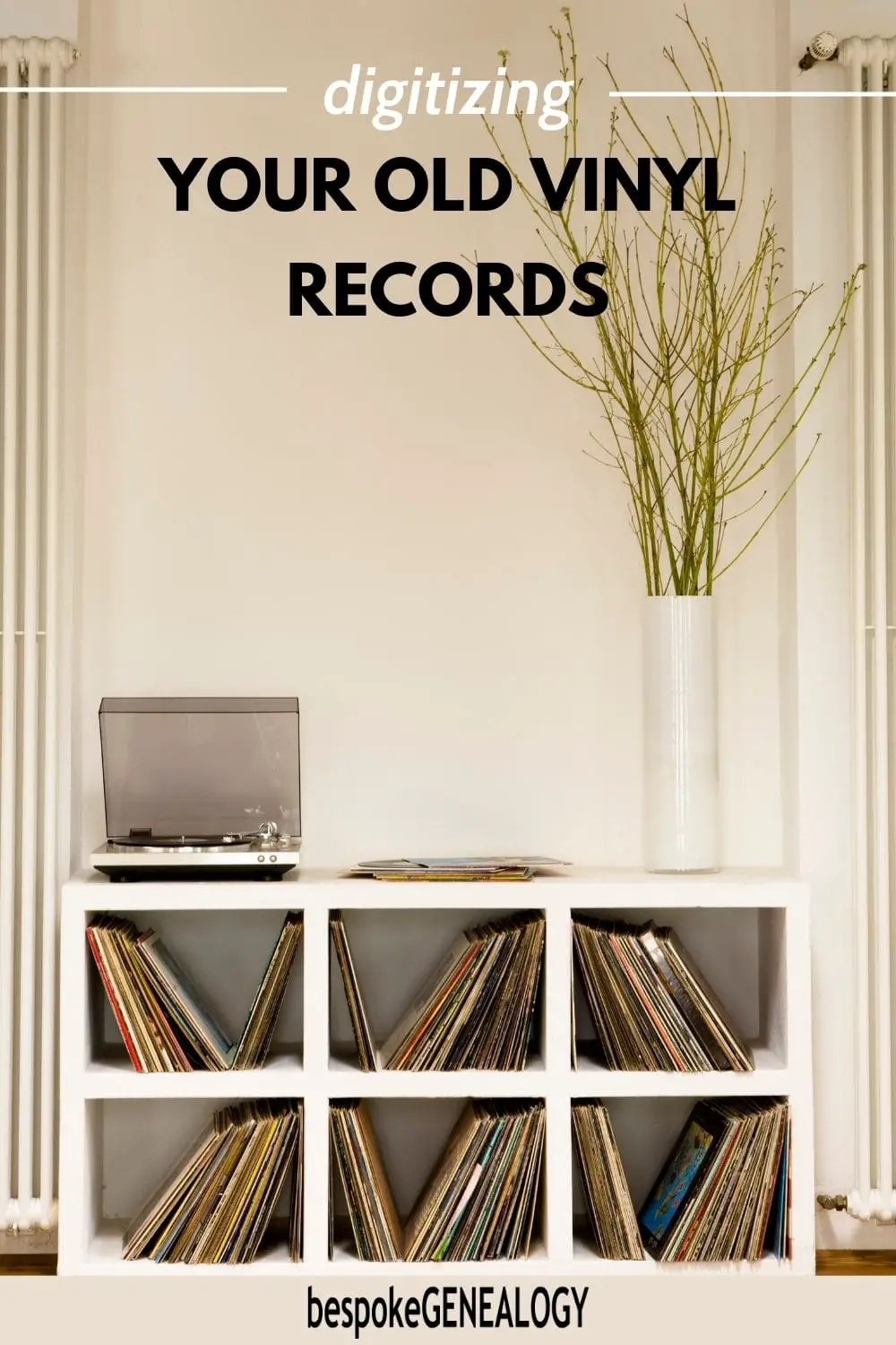 Digitizing your old vinyl records. Photo of a collection of vinyl LPs on shelves with a record player on top.