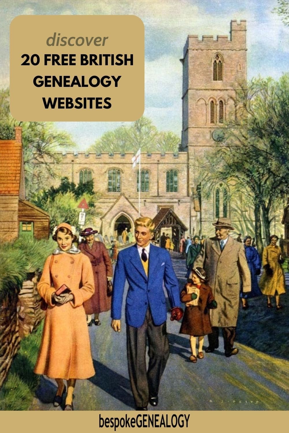 Discover 20 free British genealogy websites. Illustration from the 1950s of people leaving a British church after a service.