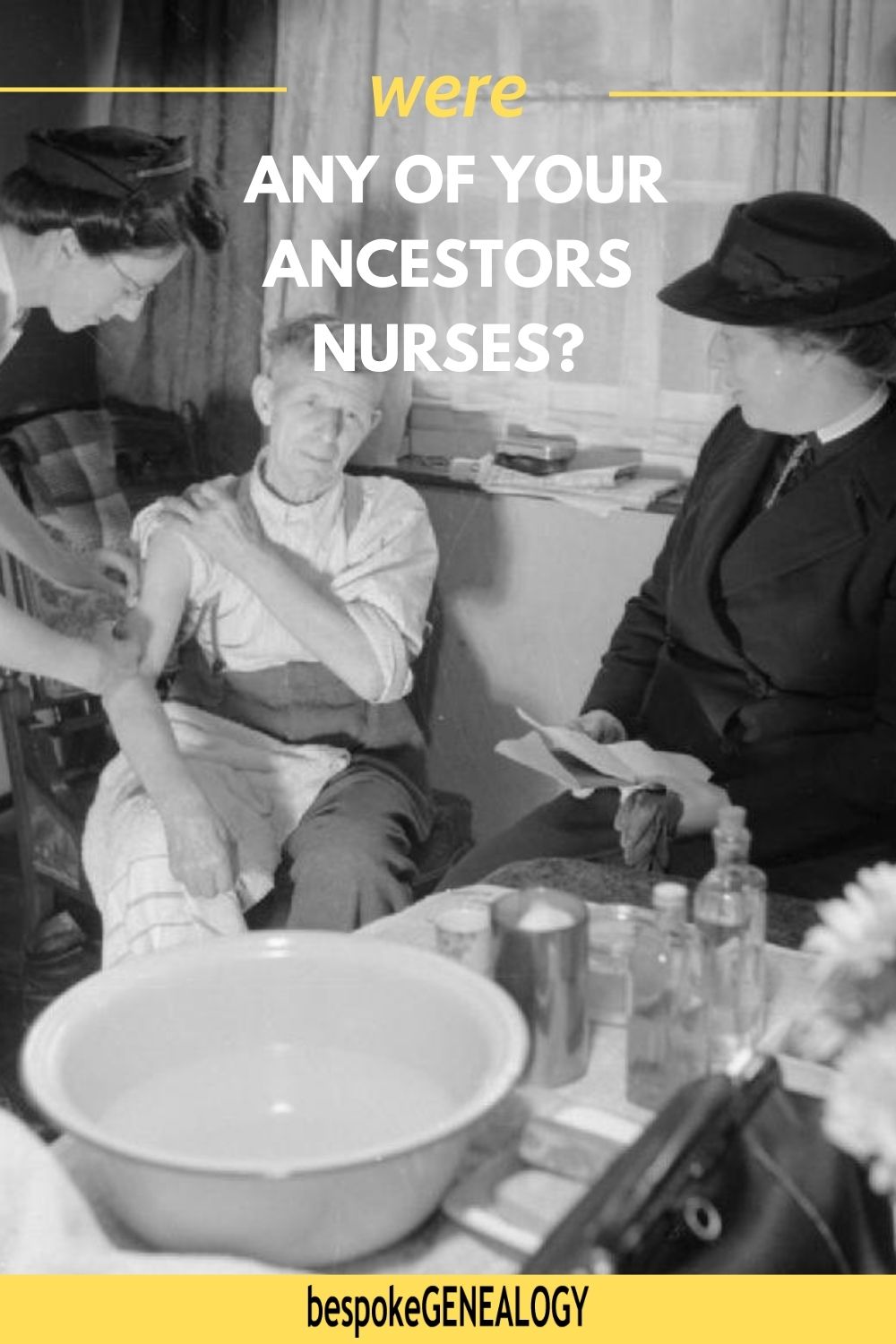 Were any of your ancestors' nurses? 1950s photo of a district nurse and a student nurse visiting a patient in his house in England and giving him an injection.