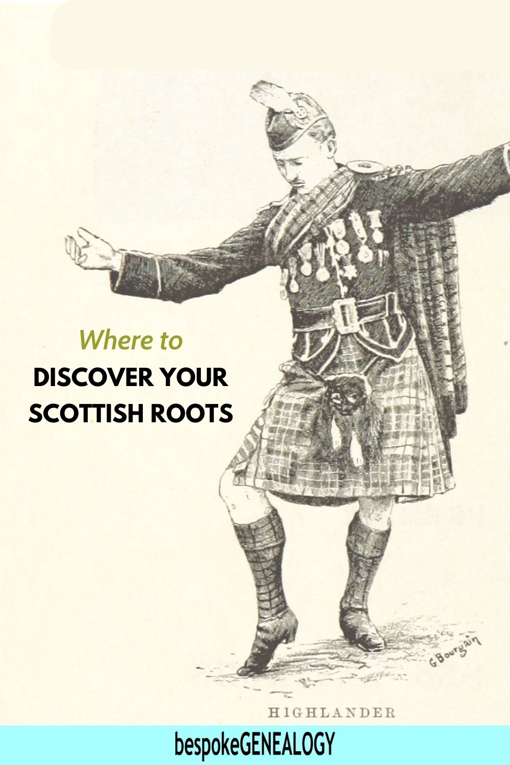 Where to discover your Scottish roots. Drawing of a Scottish Highlander wearing a kilt and dancing.
