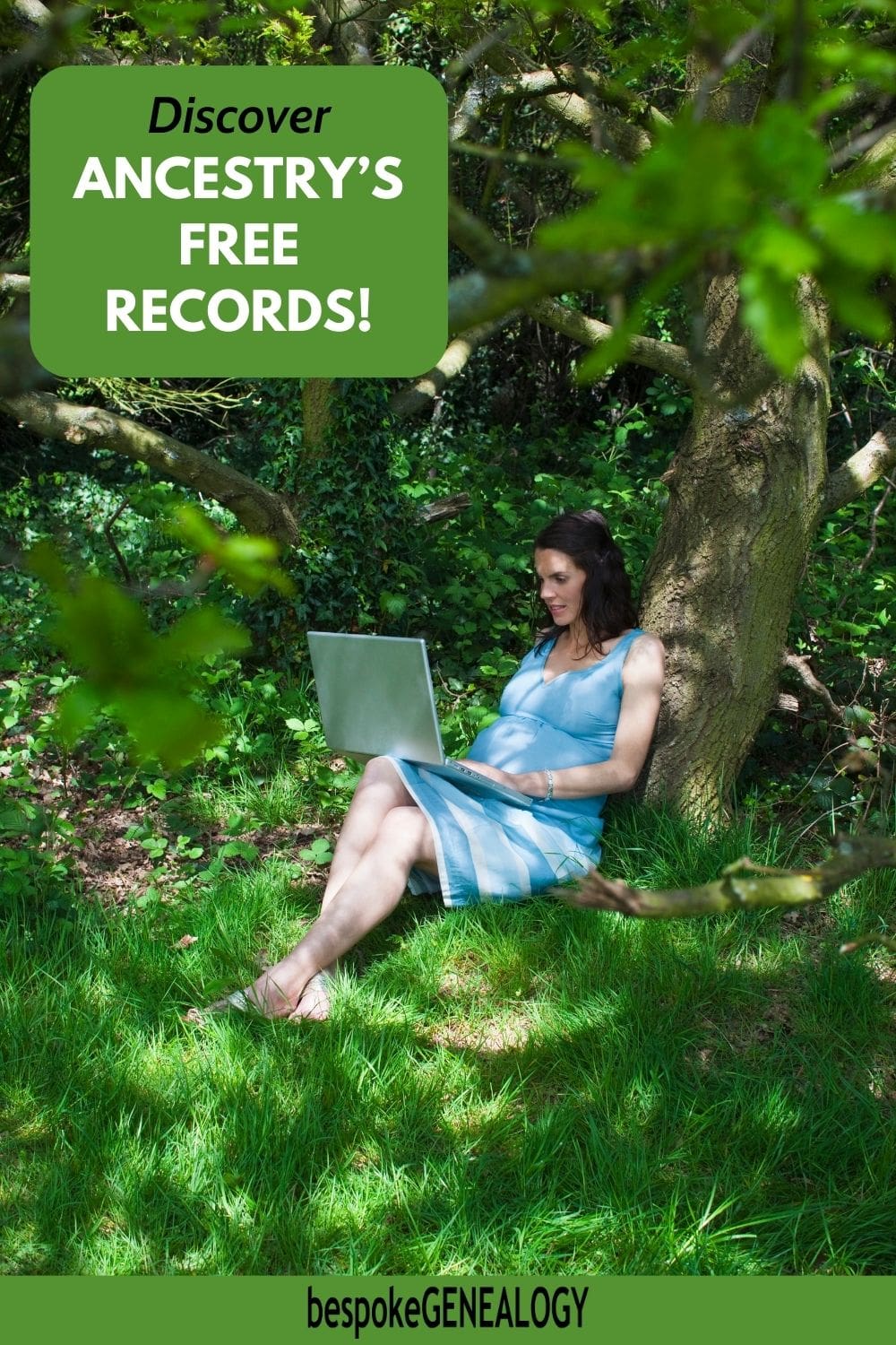 Discover Ancestry's free records. Photo of a woman in a forest looking at a laptop computer.