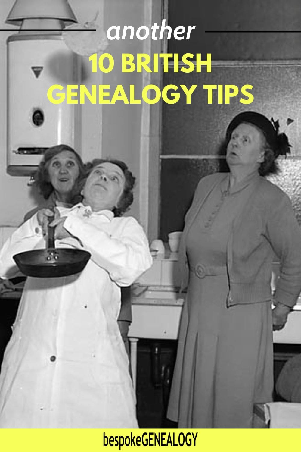 Pinterest pin with a vintage picture of a woman tossing a pancake. Another 10 British genealogy tips