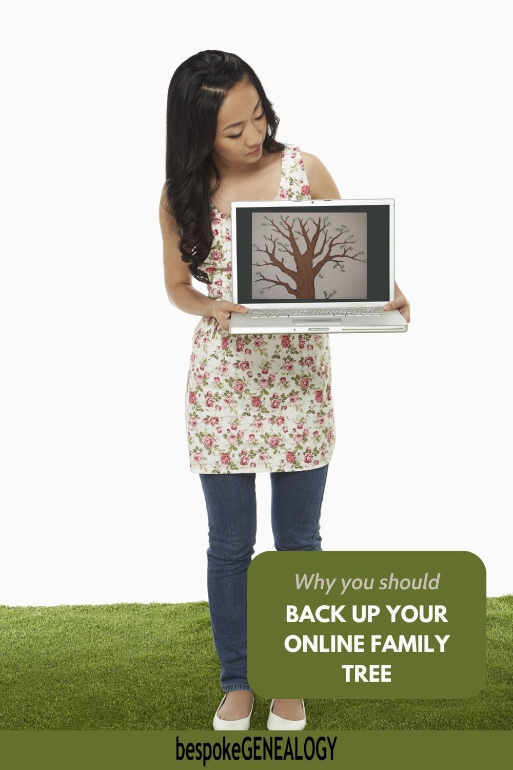 Why you should back up your online family tree. Photo of a young woman holding a laptop computer with a family tree on the screen.