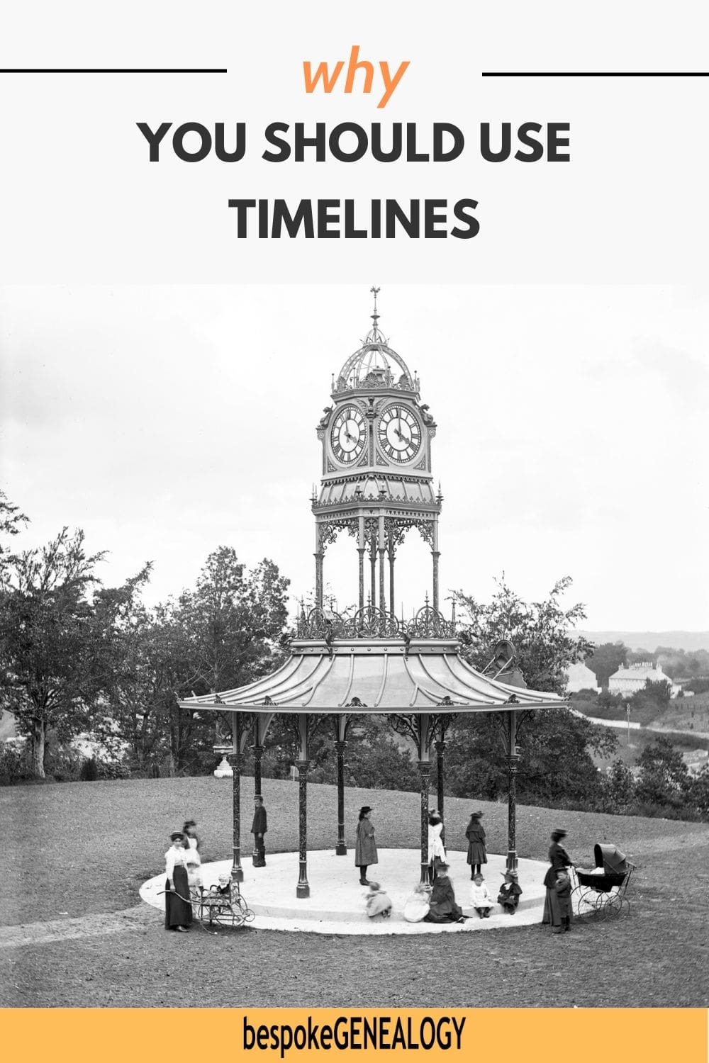 Pinterest pin. Why you should use timelines. Vintage photo of a group of people standing under a bandstand with clock on top.