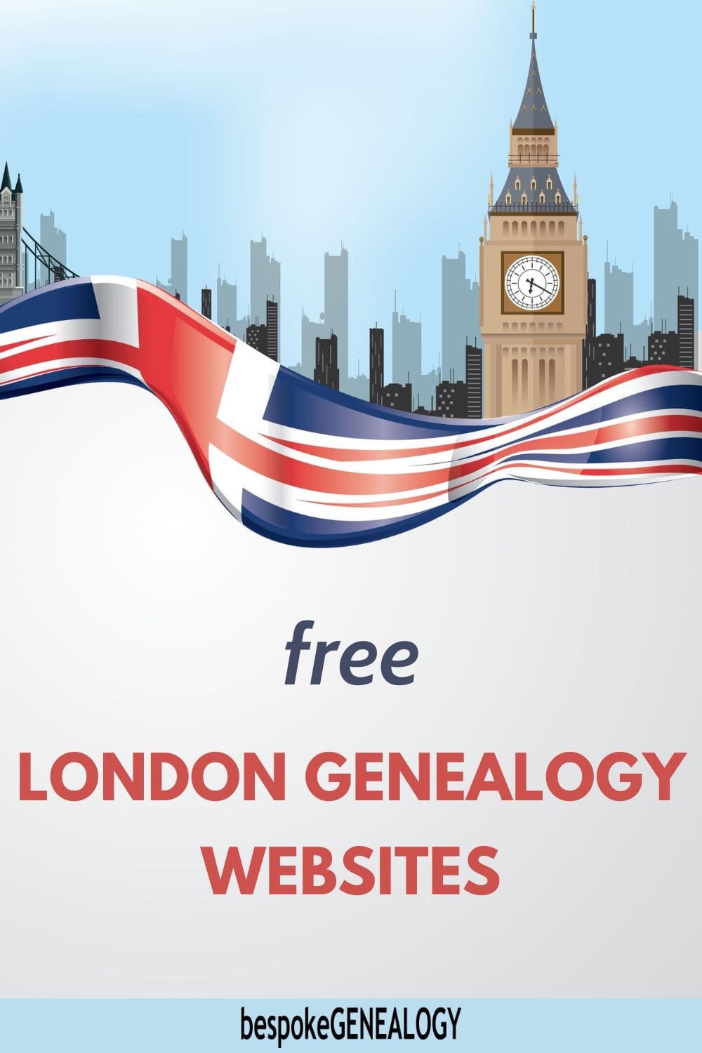 Pinterest pin. Free London genealogy websites. Graphic of the London cityscape wrapped in a Union flag.
