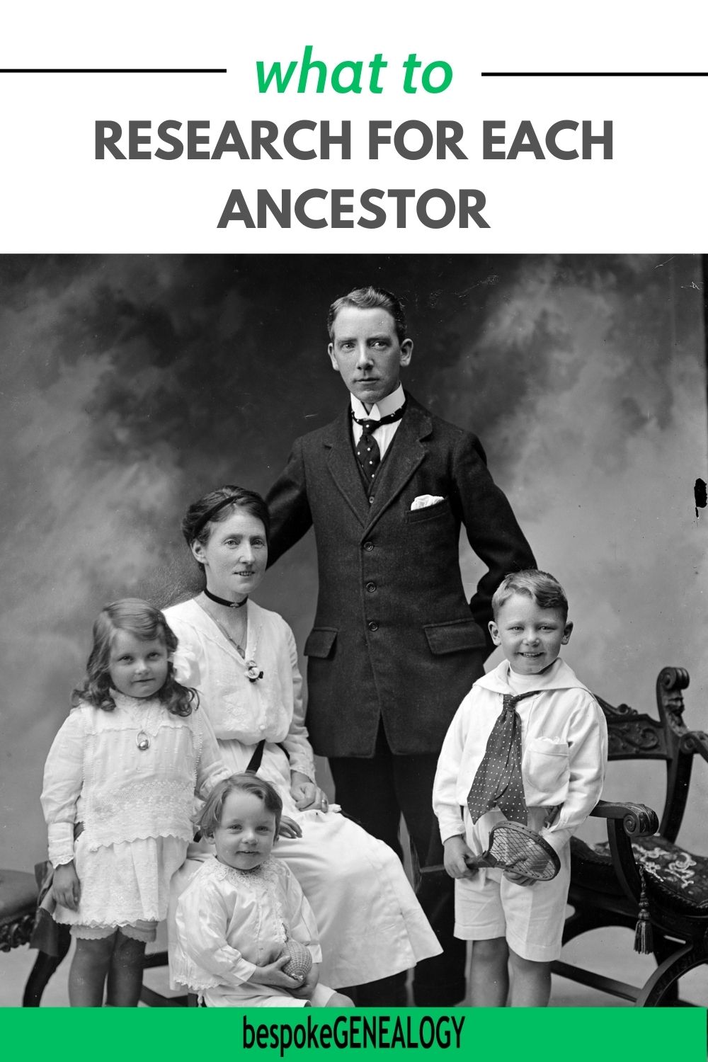 Pinterest pin. What to research for each ancestor. Edwardian photo of a family