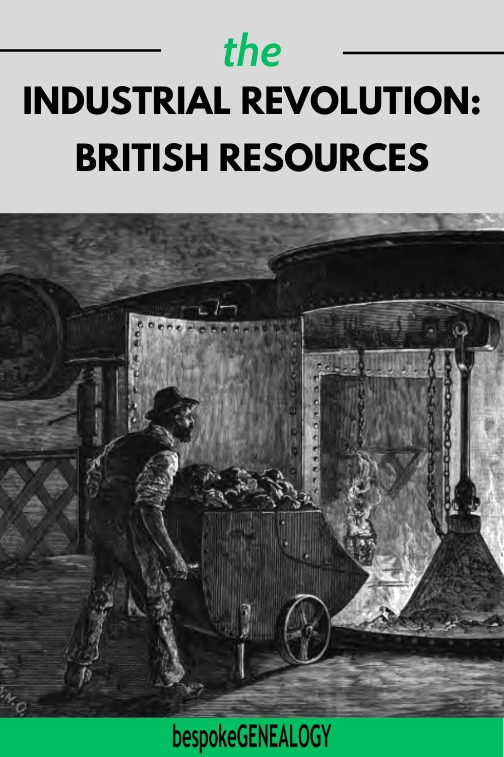 Pinterest pin. The Industrial Revolution. British resources. Picture of a man with a barrow loading ore into a furnace