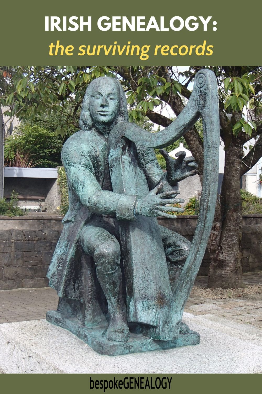 Pinterest pin. Irish genealogy. The surviving records. Photo of a bronze statue depicting a blind woman playing a harp.