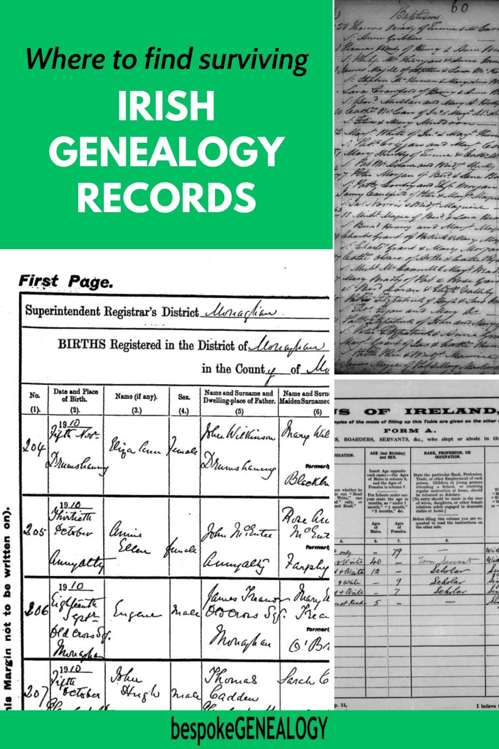 Where to find surviving Irish genealogy records. Photos of Irish baptism, birth and census records.