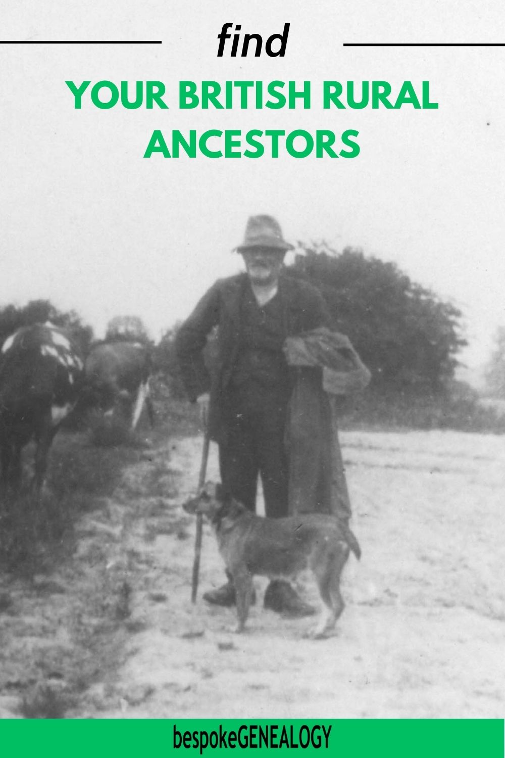 Find your British rural ancestors. Vintage photo of an old farmer standing on a rough road with his dog.