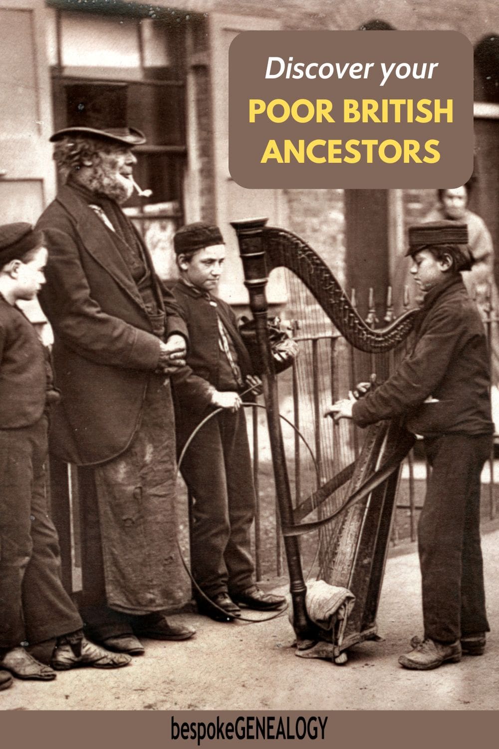 Discover your poor British ancestors. Victorian photo of a poor child busker playing a harp