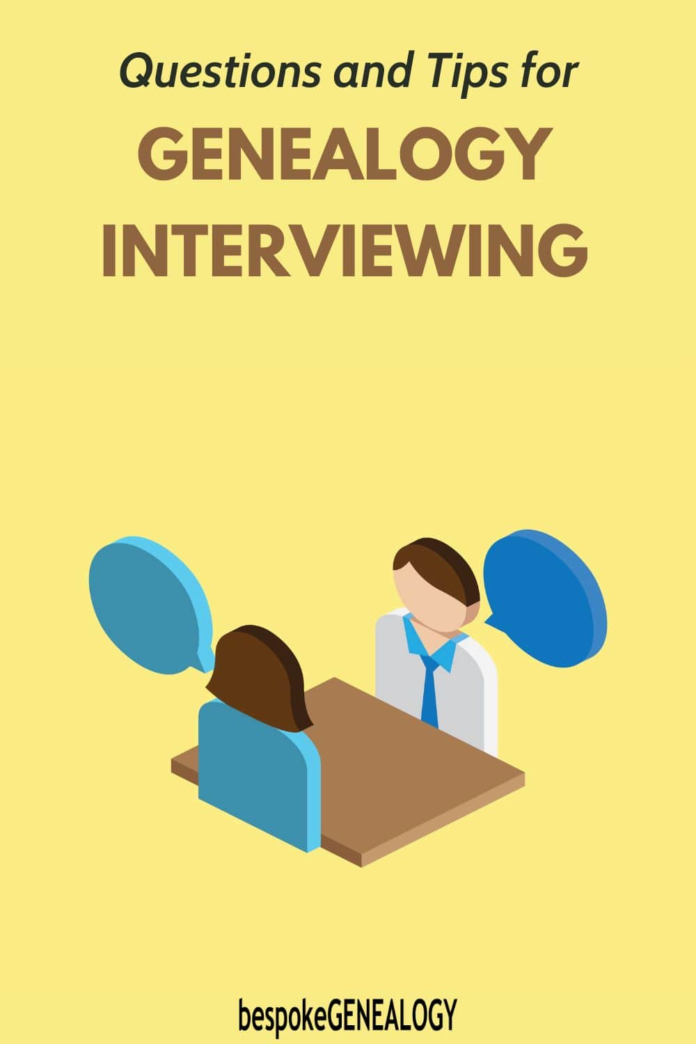 Questions and Tips for genealogy interviewing. Cartoon image of a man interviewing a woman