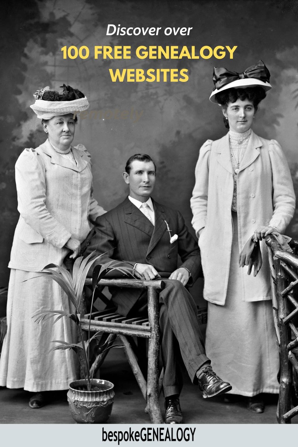 Discover over 100 free genealogy websites. Edwardian photo of a man seated, flanked by two women standing.