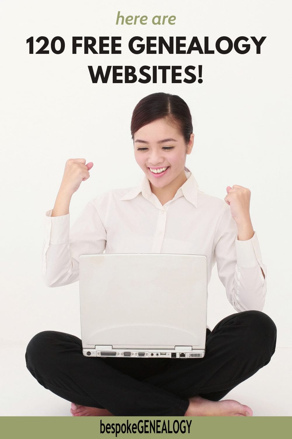 Here are 120 free genealogy websites. Photo of a young woman sitting cross legged on the floor looking at a laptop and clenching her fists in happiness.