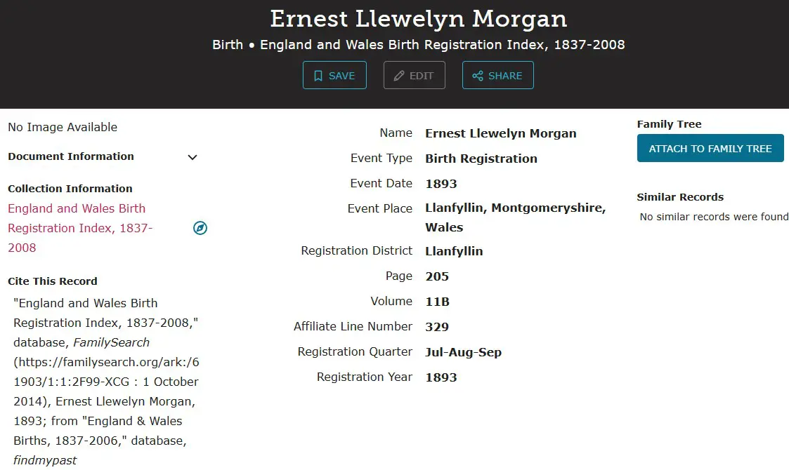 Screenshot of transcription on Family Search of Ernest Morgan's entry on the GRO Births Register