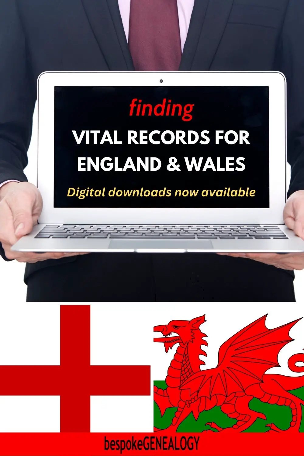 Finding vital records for England and Wales. Image of a man holding a laptop as well as English and Welsh flags.