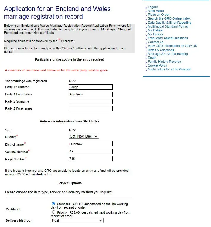 Ordering a non-digital record from the GRO. Bespoke Genealogy