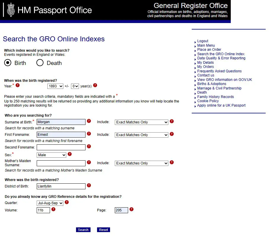 Screenshot of GRO search page with Ernest Morgan's details entered.
