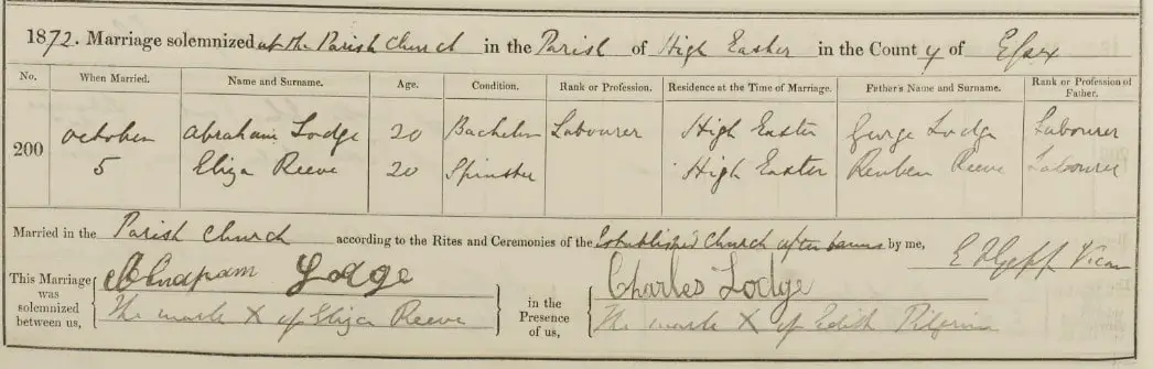 Church record of Abraham Lodge's marriage. Bespoke Genealogy