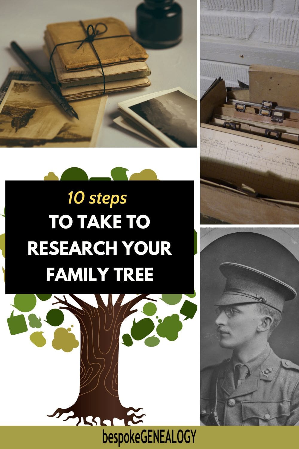 10 Steps to take to research your family tree. 4 pictures showing old documents, an image of a tree, a card index and an old photograph of a soldier