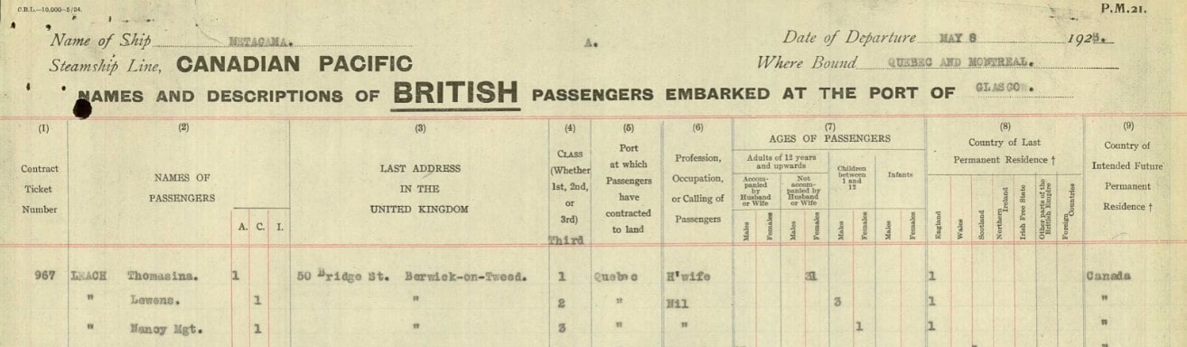 Passenger list extract. Bespoke Genealogy
