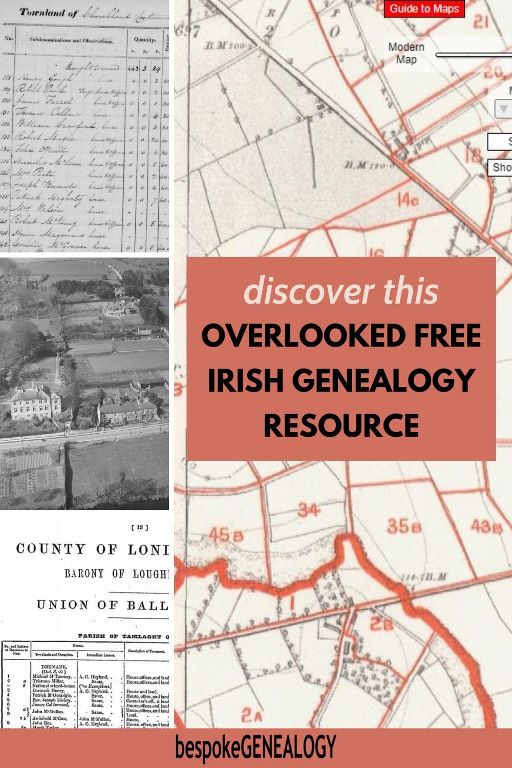 Discover this overlooked free Irish genealogy resource. 4 pictures: a map extract, a printed page extract, a handwritten notebook extract and an aerial photo of a farm.