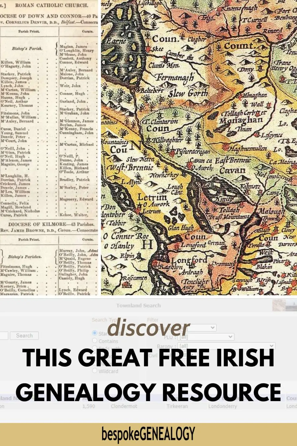 Discover this great free Irish genealogy resource. Image showing part of a historical map and a page from a directory