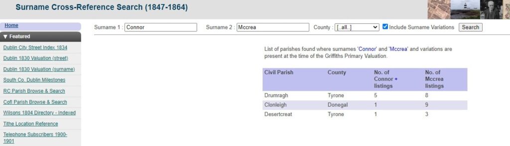 Screenshot of S Wilson's surname cross reference page.