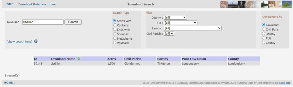 Screenshot of S Wilson's Townland Search screen