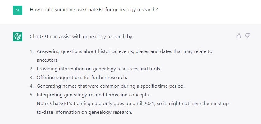 Screenshot from ChatGPT - genealogy help. 
