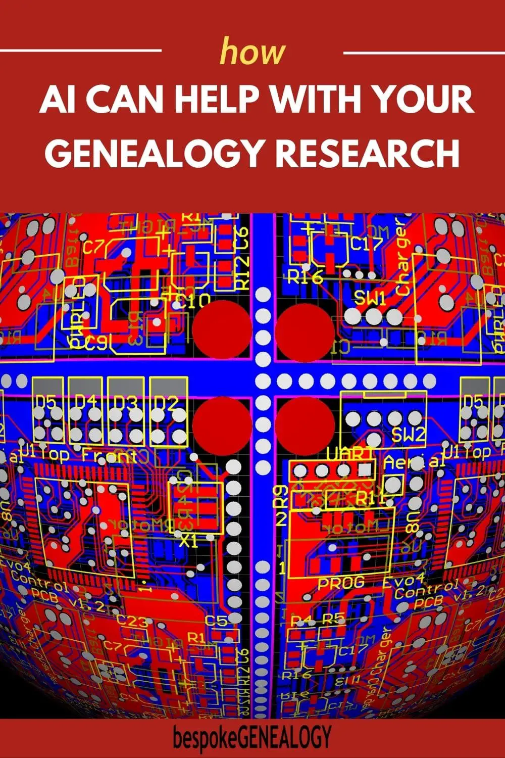 How AI can help with your genealogy research. Close up diagram of an integrated circuit representing artificial intelligence