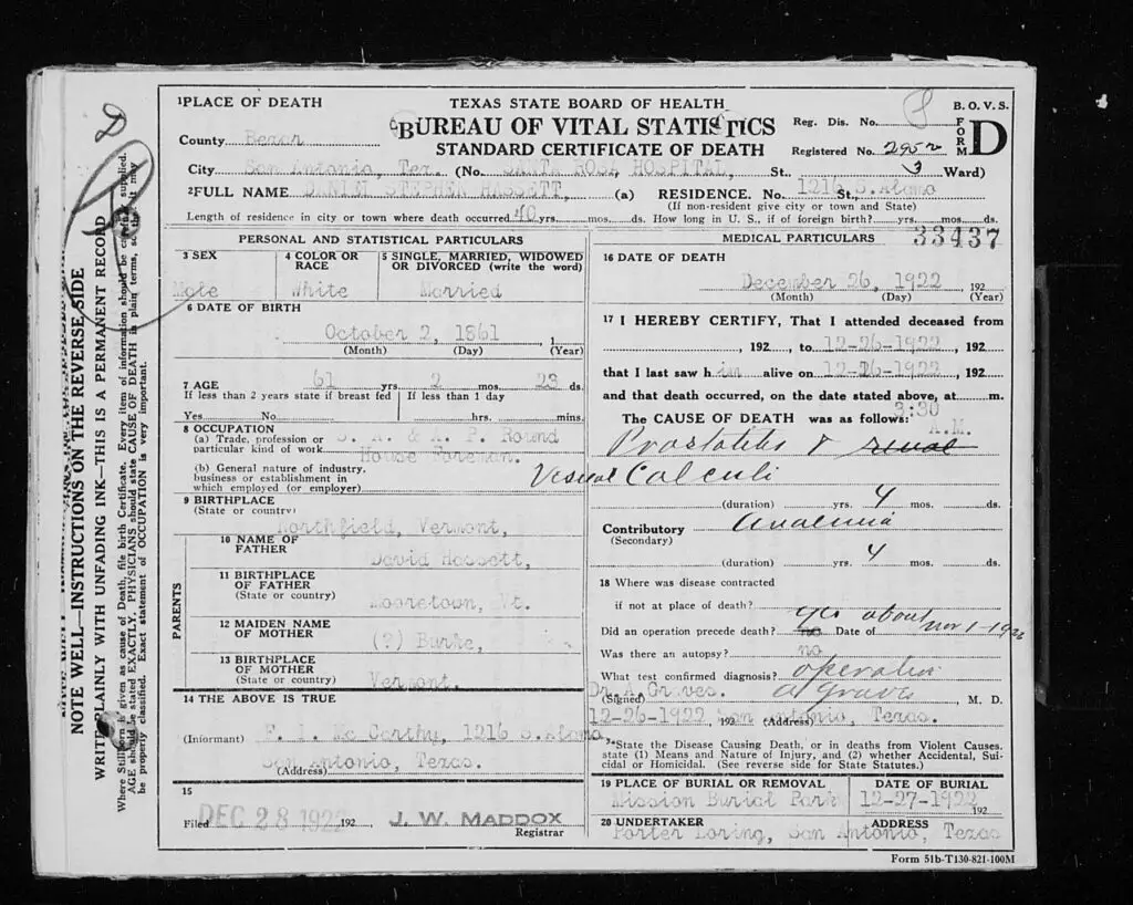 Death record of Daniel Hassett, 26 December 1922, San Antonio, Texas