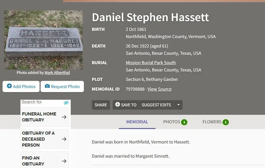 Screenshot of the Find A Grave entry of Daniel Hassett