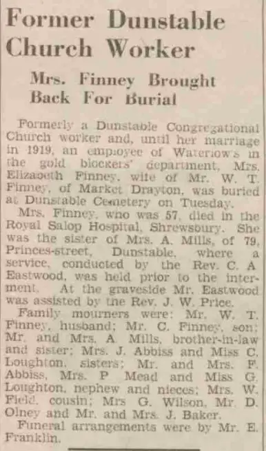 Newspaper clipping from the Luton News of 2 March 1939, announcing the death of Elizabeth Finney