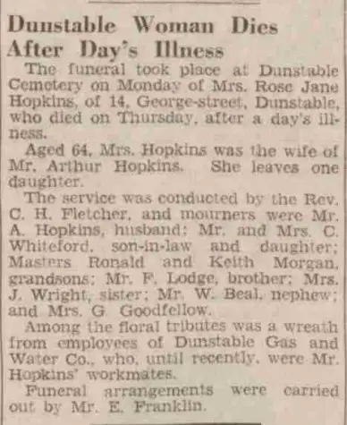 Newspaper clipping from the Luton News of 2 March 1939, announcing the death of Rose Lodge