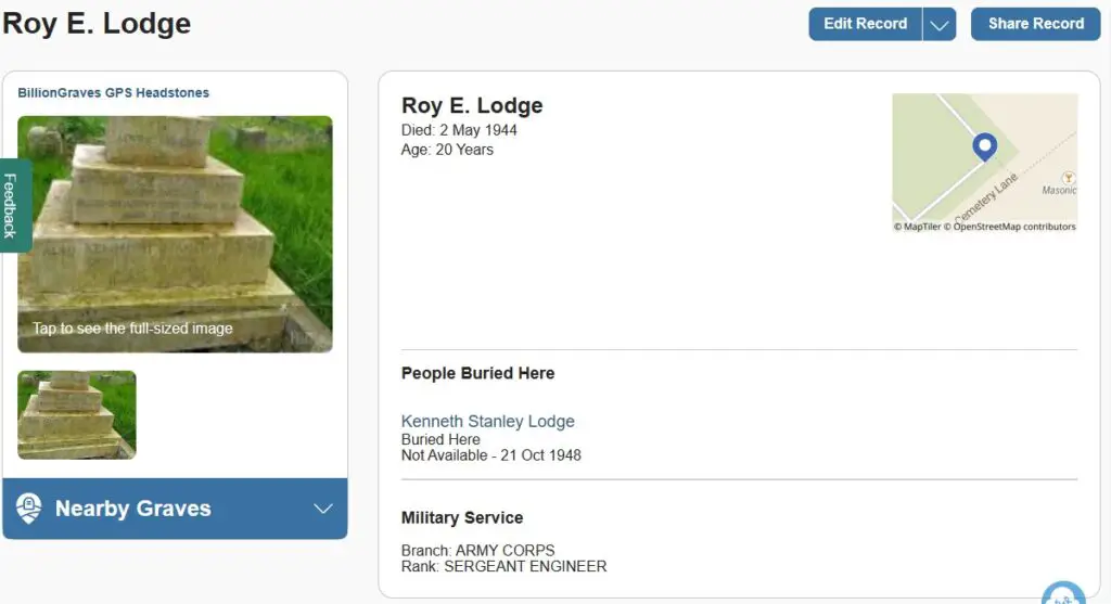 Screenshot of the Billion Graves entry of Roy E Lodge