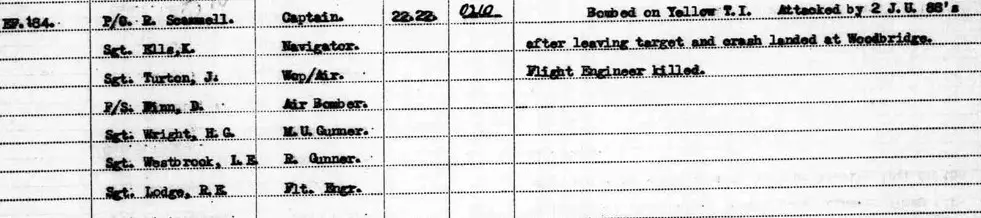 Extract from the RAF Operations Record mentioning the death of Sgt RE Lodge, 1 May 1944