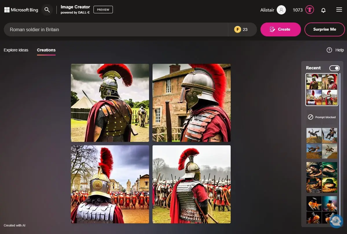 Screenshot of the Bing Image Creator page with 4 AI generated images of a Roman soldier in Britain