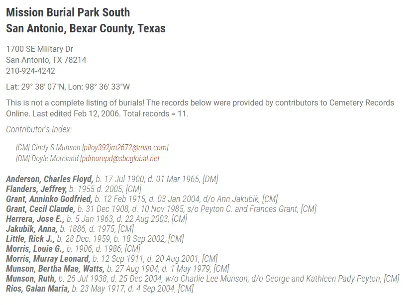 Screenshot of the Interment entry of the Mission Burial Park South Cemetery, San Antonio, Texas