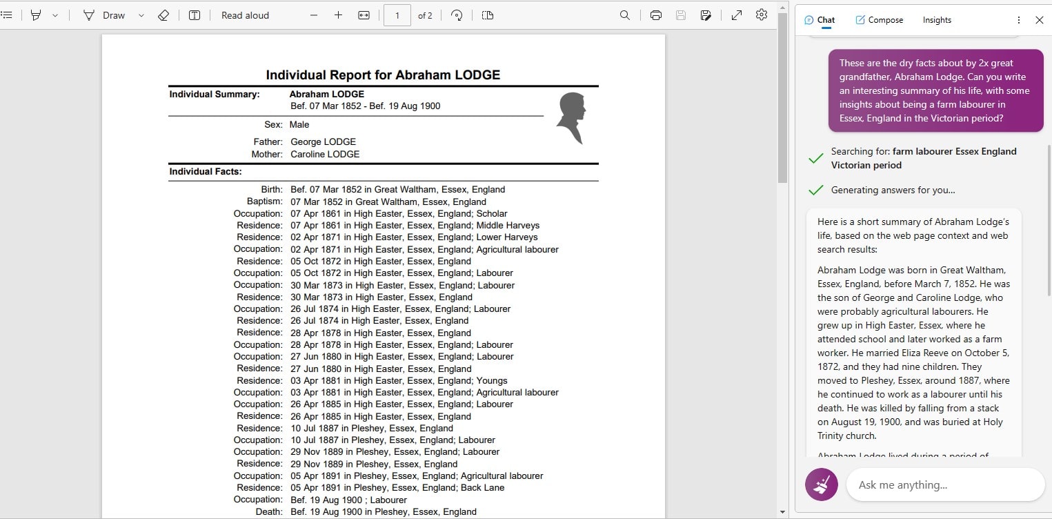 Screenshot of a pdf containing a list of facts about Abraham Lodge and the Bing side bar