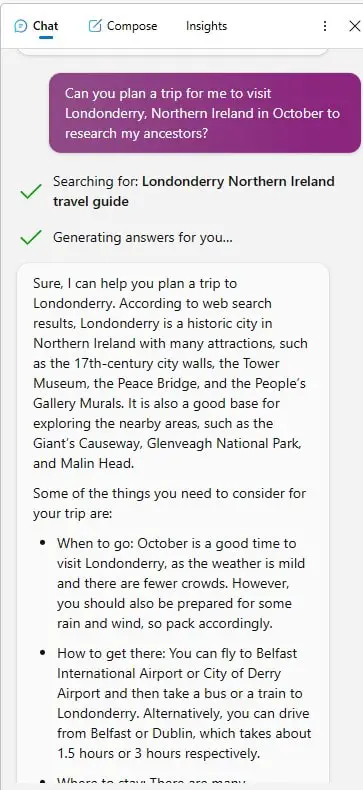 Screenshot of the Bing Chat sidebar with Northern Ireland trip planning being discussed