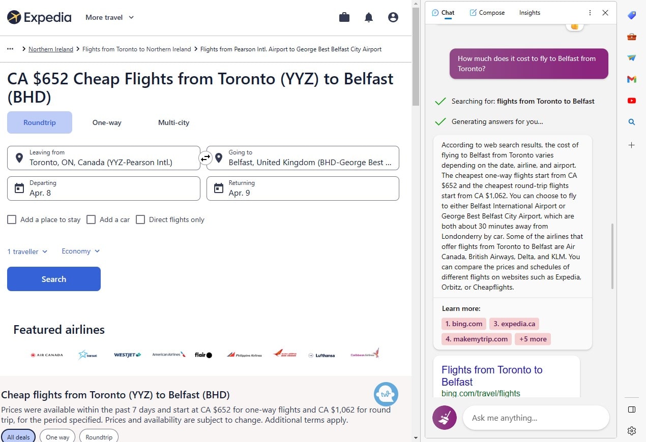 Screenshot of the Expedia page with flight details to Belfast and the Bing chat sidebar open