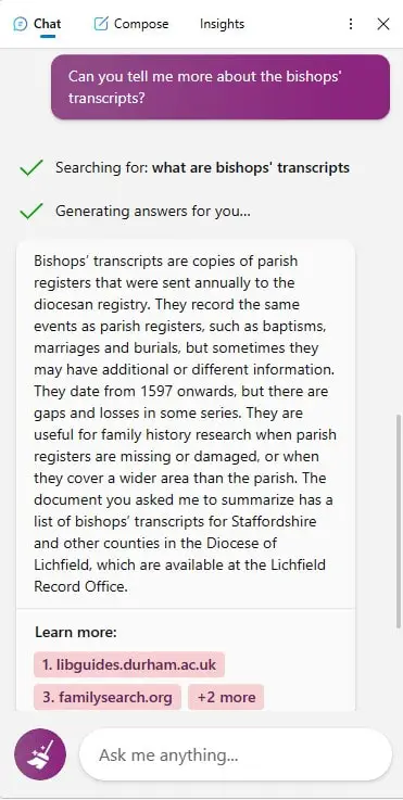 Screenshot of Bing Chat answering a question about Bishops Transcripts in the sidebar