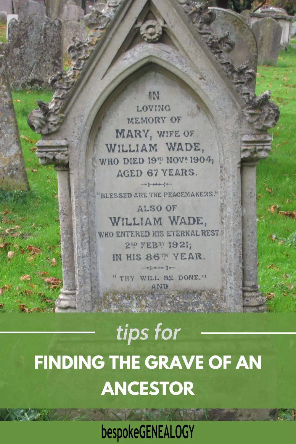 Tips for finding the grave of an ancestor. Photo of a gravestone in an English churchyard.